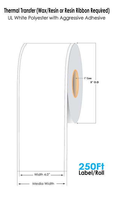 Thermal Transfer 4" x 250Ft Continuous Glossy White Polyester UL Approved with Aggressive Adhesive - 1" Core