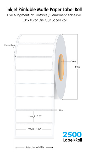 C8000 1.0" x 0.75" Inkjet Matte Paper Labels 2500/Roll 3" Core/6" OD