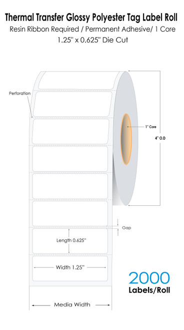 Thermal Transfer 1.25" x 0.625" Glossy Polyester Label with Aggressive Adhesive 2000/Roll 1"Core/4" OD Roll
