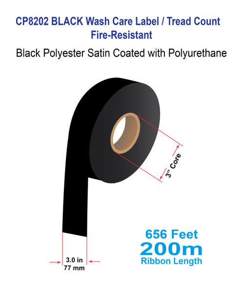 CP8202 BLACK 3" x 656 Ft Sew-On Wash Care Label  gsm Black Polyester Satin Coated with Polyurethane / Fire Resistant - 3" Core