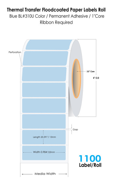 Thermal Transfer 0.984" x 0.5910" (25mmx15mm) BLUE (BL#310U) Floodcoated Paper Labels 1100/Roll - 3" Core | 4" OD