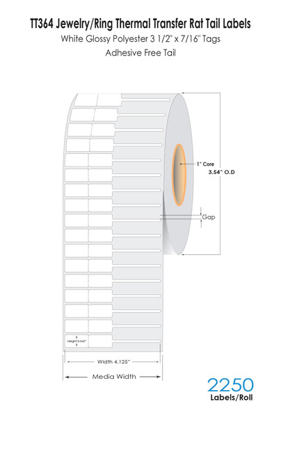 Jewelry/Ring Labels TT307 Poly-LAM White Glossy Thermal Transfer Tags 2250/Roll on 1" Core Roll - 4 rolls / carton