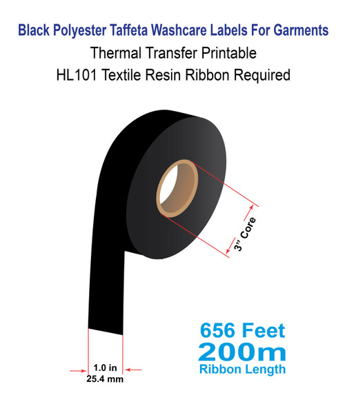 PT1885 1" x 656ft Black Polyester Taffeta Washcare Label Roll 3" Core