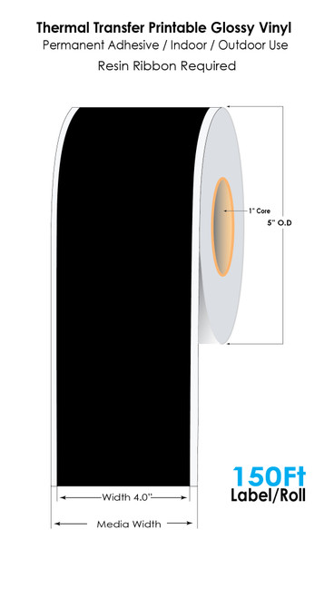Black 4in x 150 Ft Cont 3Mil Glossy Vinyl Label Tape Roll - 1in Core