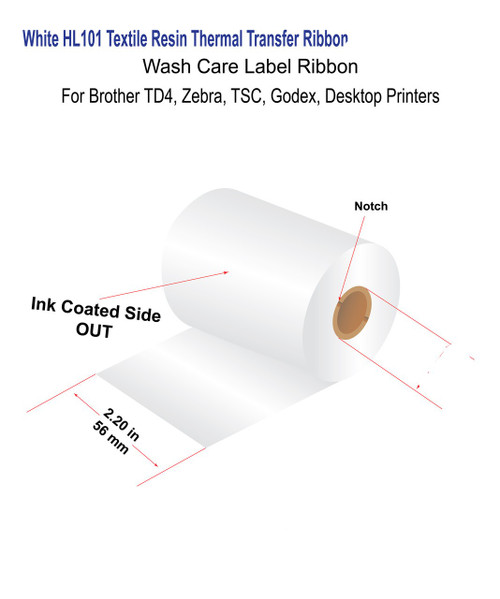 Zebra 2.20" x 984 Feet (57mm x 300m) HL101 White Textile Resin Ribbon with Ink OUT - 1-inch Core