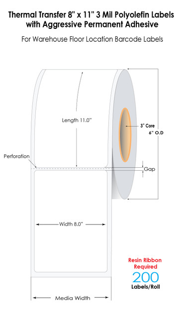 Thermal Transfer 8in x 11in 3MIL Polyolefin Labels with Aggressive Permanent Adhesive for warehouse floor labels