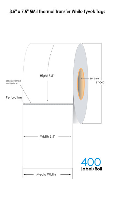 Desktop 3.5" x 7.5" 5Mil Thermal Transfer White Tyvek Tags 400/Roll 1"Core/5"OD