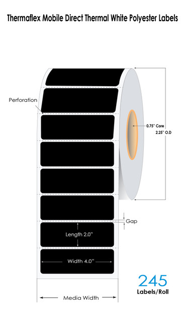 Thermaflex Mobile Direct Thermal 4in x 2in White Polyester Labels 245/Roll 0.75in Core 2.25in OD