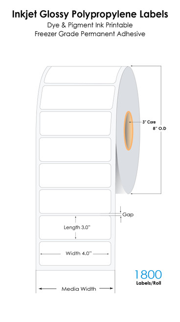 W-C8000 4in x 3in NP Glossy Poypropylene Labels with Freezer Grade Permanent Adhesive 1800/Roll 3in Core - 8in OD