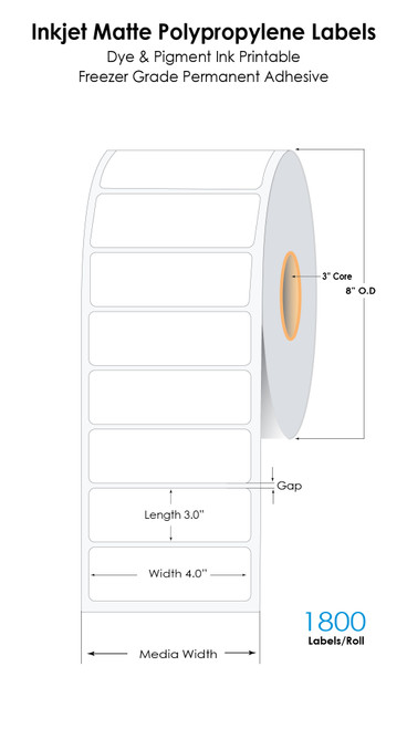 CW-C8000 4in x 3in NP Matte Polypropylene Labels with Freezer Grade Permanent Adhesive 1800/Roll 3in Core - 8in OD
