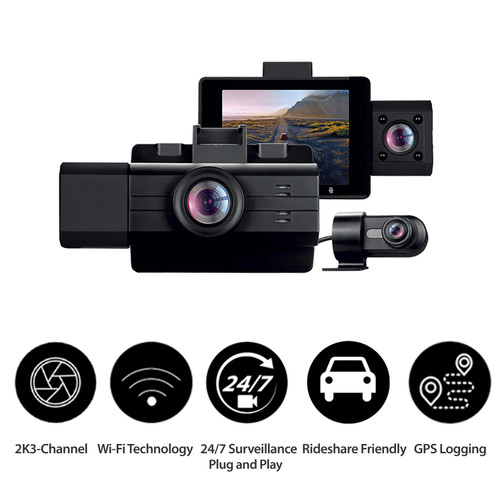 Adesso GOSP32G | myGEKOgear by Adesso Scout Pro 2K 3-Channel Dash Cam Surveillance Edition with Front View, Cabin View, Rear View, APP for Instant Video Access