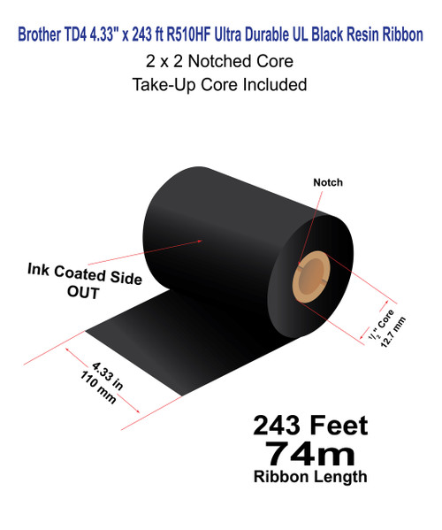 Brother TD4 4.33" x 243 ft (110mm x 74m) R510HF Ultra Durable UL Black Resin Ribbon For Polyester / Vinyl