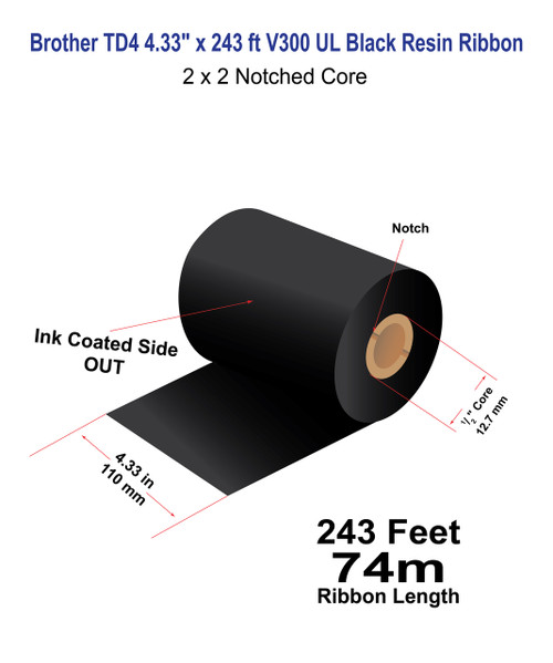Brother TD4 4.33" x 243 ft (110mm x 74m) V300 Durable UL Black Resin Ribbon For Polyester / Vinyl