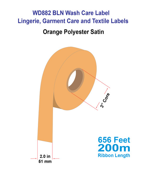 WD882 2" x 656 Ft Sew-On Wash Care Label |  Orange Polyester Satin | Woven Edge - 3" Core