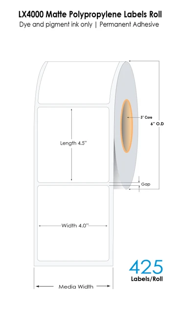 LX4000 4in x 4.5in NP Matte Polypropylene Labels 425/Roll - 3in Core - 6in OD