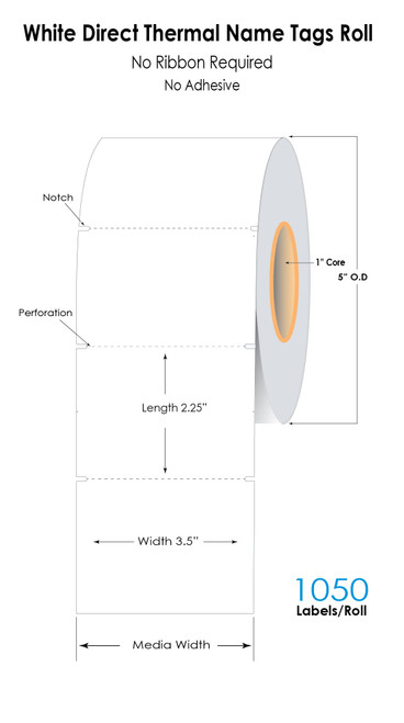 White Direct Thermal 3.5" x 2.25" Name Tags  1050/Roll - 1" Core | 5" OD