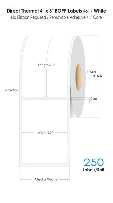 Direct Thermal 4" x 6" BOPP Labels with REMOVABLE ADHESIVE  250/Roll - 1" Core | 4" OD