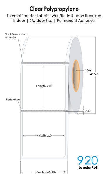 Thermal Transfer 2in x 2in Clear Polypropylene Labels 920/Roll 1in Core - 4in OD