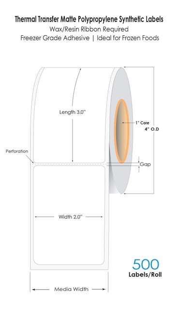 Thermal Transfer 2in x 3in Matte Polypropylene Labels with Freezer Adhesive For Frozen Foods 500/Roll 1in Core