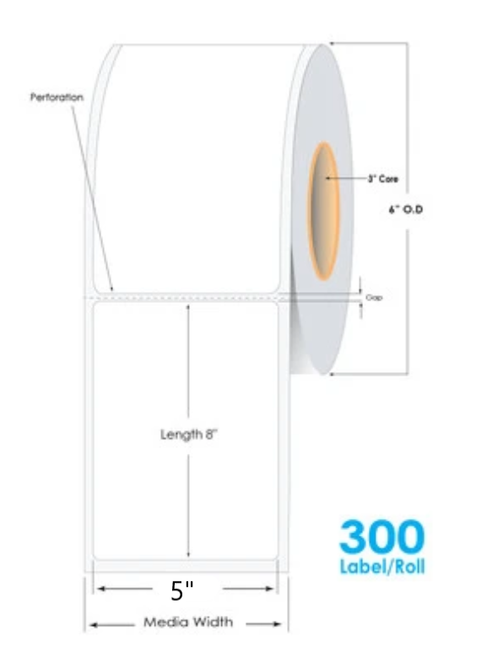 C6500 5in x 8in Inkjet Matte Polypropylene Labels 300/Roll 3in Core - 6in OD