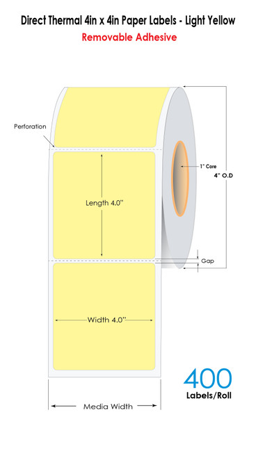 Yellow Direct Thermal 4in x 4in Paper Labels 400/Roll with REMOVABLE Adhesive 1in Core | 4in OD