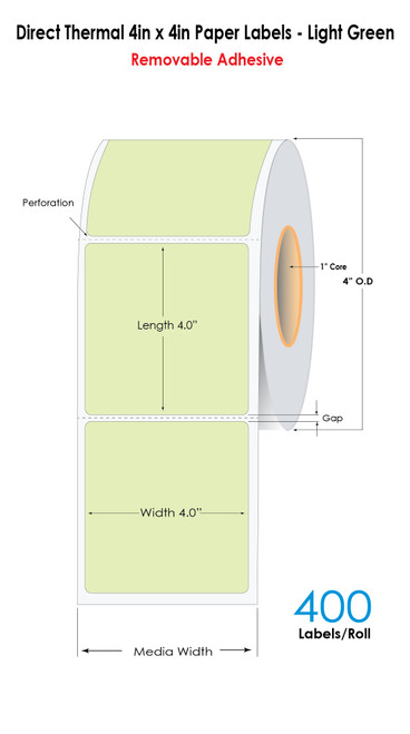Green Direct Thermal 4in x 4in Paper Labels 400/Roll with REMOVABLE Adhesive 1in Core | 4in OD
