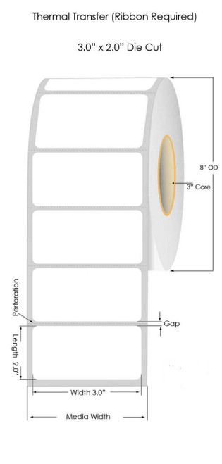 Thermal Transfer 3in x 2in NP White Paper Labels w Removable Adhesive 3000/Roll - 3in Core | 8in OD