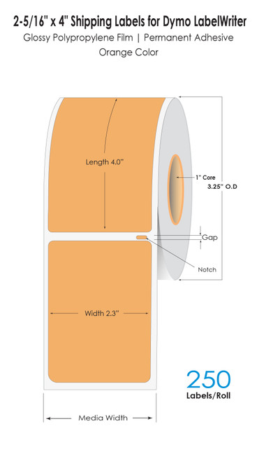 Orange 2-5/16” x 4” Polypropylene Shipping Labels for Dymo LabelWriter | 1763982 Compatible | 250/Labels