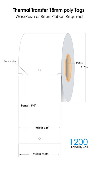 White Thermal Transfer 3in x 5in 7MIL/0.18mm Ultra Durable Synthetic Poly Tags 950/Roll 3in Core 8in OD