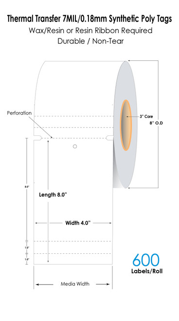 White Thermal Transfer 4in x 8in 7MIL/0.18mm Ultra Durable Synthetic Poly Tags 600/Roll 3in Core 8in OD