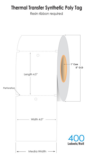 Thermal Transfer 4in x 4.5in 7MIL/0.18mm Synthetic Poly Tags with Hole 400 Tags/Roll 1 in Core - 5in OD - Notch - 6 roll/carton