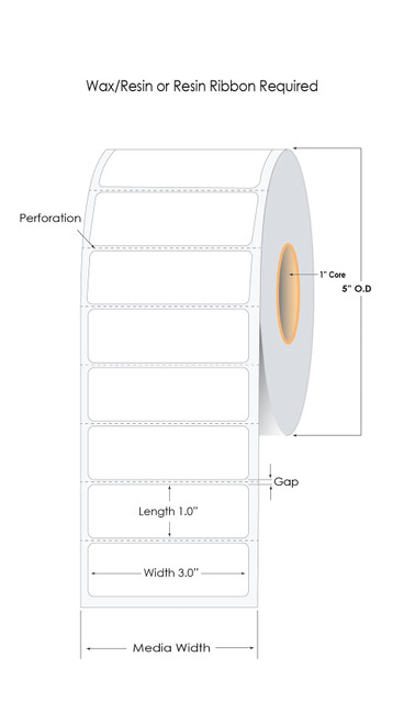 Desktop 3" x 1" Gloss White Polyester Thermal Transfer Labels - 2800/Roll - Perforations - 1in Core - 5in OD - 12 Rolls/Carton