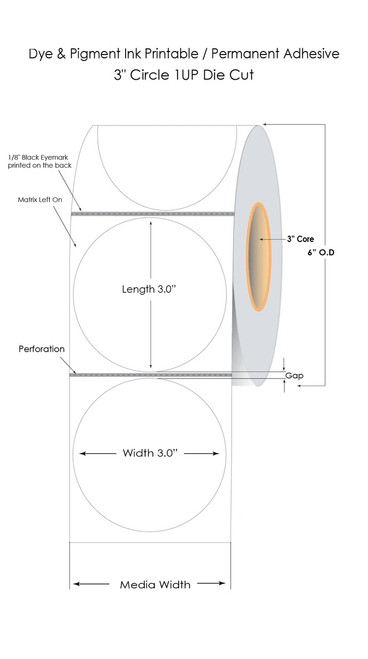 Memjet/L502/LX4000 3in Circle Glossy Polypropylene Labels 900/Roll 3in Core - 6in OD - Blk Sensor