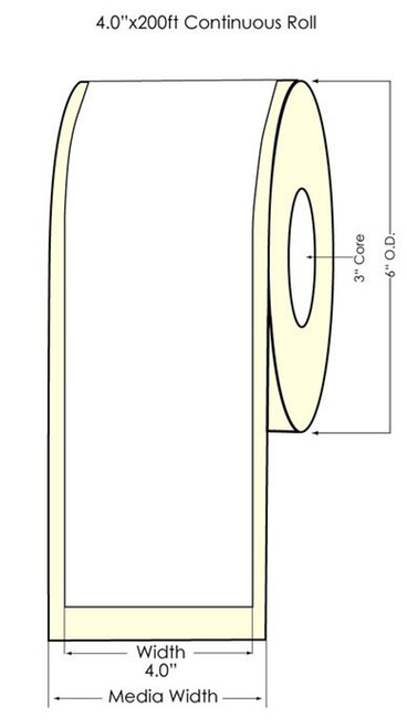 C6500 4" x 220ft Inkjet Continuous Glossy BOPP Label Roll 3" Core/6" OD