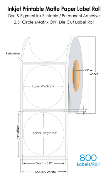C6500 2.5" Circle Matte Paper Label 800/Roll (inside of 3x3 label)