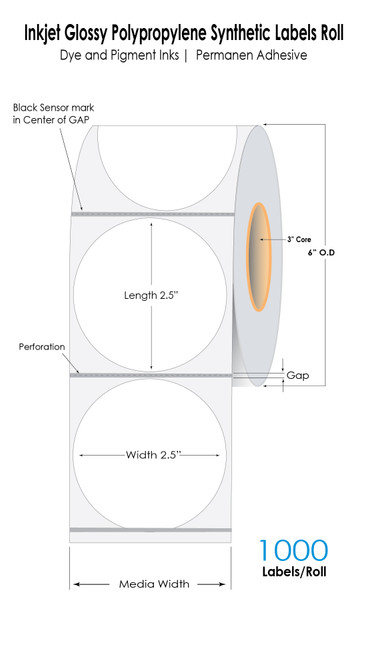 Memjet Inkjet 2.5in  Circle Glossy BOPP Labels 1000/Roll - 3in Core - 6in OD
