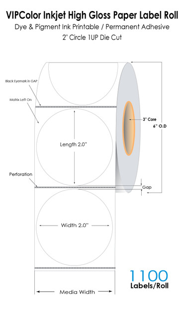 L801 2" Circle High Gloss Paper Labels 1100/Roll
