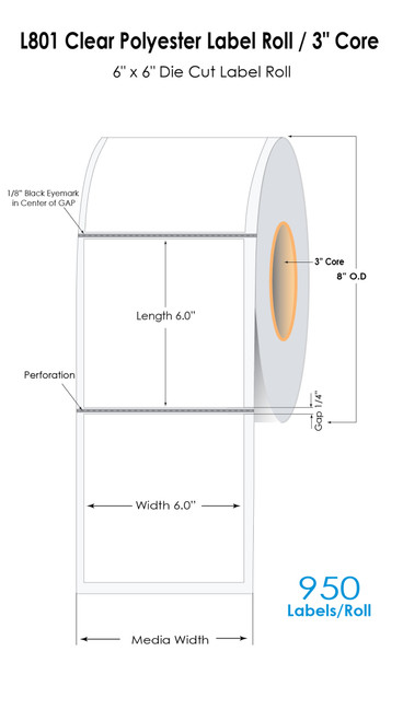 L801 6" x 6" (8" OD) Clear Polyester Label 950/Roll (Square Corners)