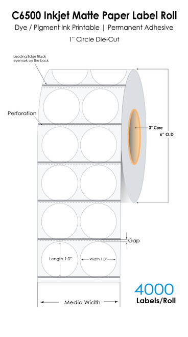 C6500 1" Circle (2 UP) Matte Paper Label 4000/Roll | Leading Edge Blk Sensor | 3" Core/6" OD