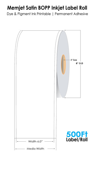 Memjet  6" x 500ft Satin BOPP Inkjet Label Roll (Media width is also 6inch wide)