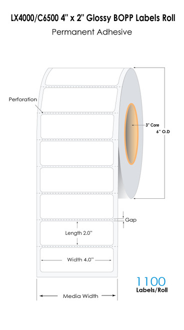 C6500 4" x 2"  Glossy BOPP Labels 1100/Roll - 3in core and 6in OD roll