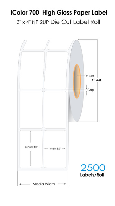 iColor 700 3"x 4" NP 2UP High Gloss Paper 2500 Labels/Roll