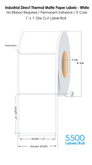 Direct Thermal 1"x1" Paper Labels 5500/Roll 3"Core/8"OD