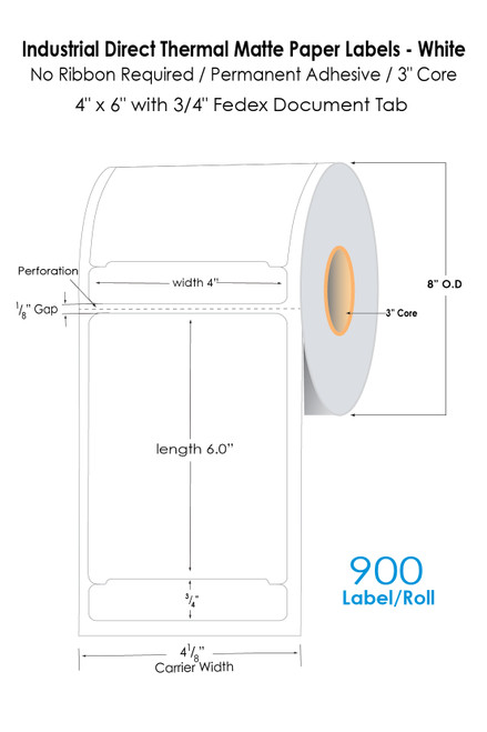 Direct Thermal 4" x 6" Labels 900/Roll - 3" Core | 8" OD with 3/4" Tab