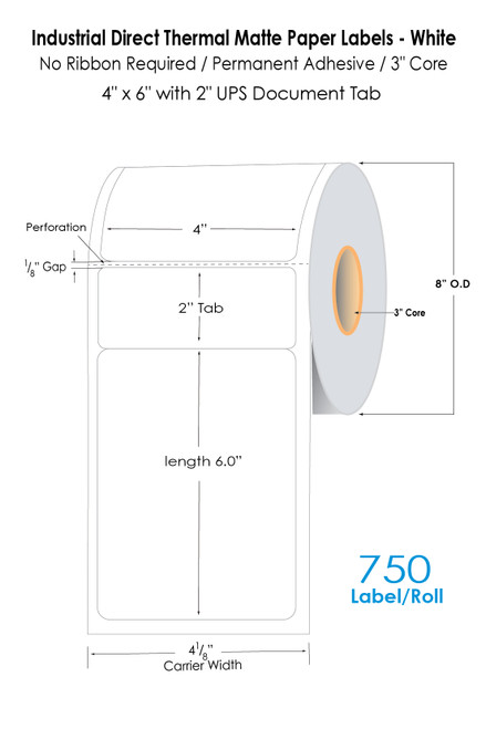 Direct Thermal 4" x 6" Labels 750/Roll - 3" Core | 8" OD with 2" Tab