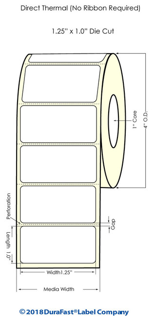 Direct Thermal 1.25" x 1" (2UP) Labels 2600/Roll - 1" Core | 4" OD Image 1