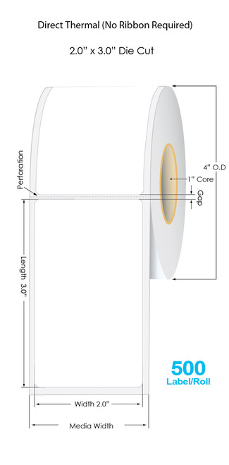Direct Thermal 2" x 3" Labels 500/Roll - 1" Core | 4" OD Image 1