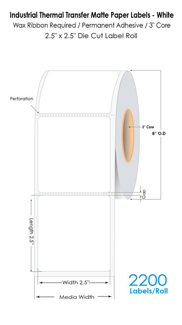 Thermal Transfer 2.5" x 2.5" (1 UP) White Labels 2200/Roll - 3" Core | 8"OD