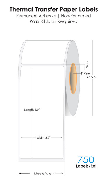 Thermal Transfer 3.5" x 8" NP White Labels 750/Roll - 3" Core | 8"OD