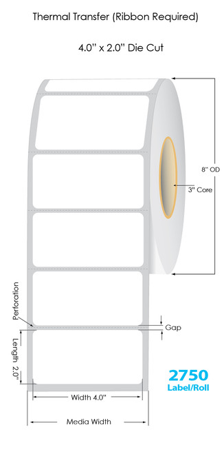 Thermal Transfer 4" x 2" Labels 2750/Roll - 3" Core | 8" OD Image 1